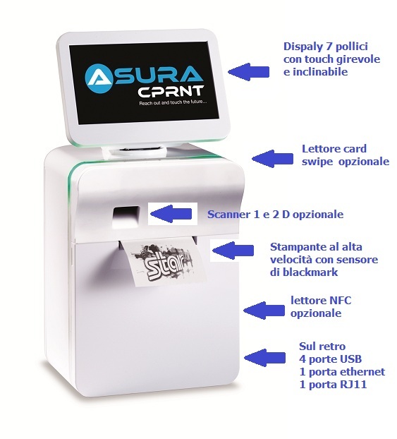 Asura di Star Micronics può essere equipaggiato con le sole periferiche desiderate Mini Kiosk Asura di Star Micronics: stampante, scanner 2D e lettore di card inclusi