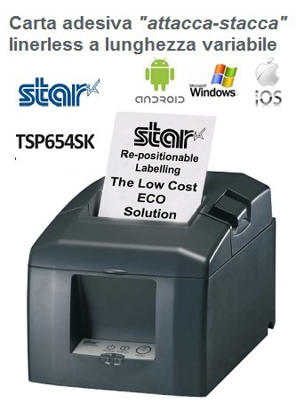 Stampante linerless restickTSP654 SK la stampante restick Star TSP654 SK lavora con carta adesiva restick linerless